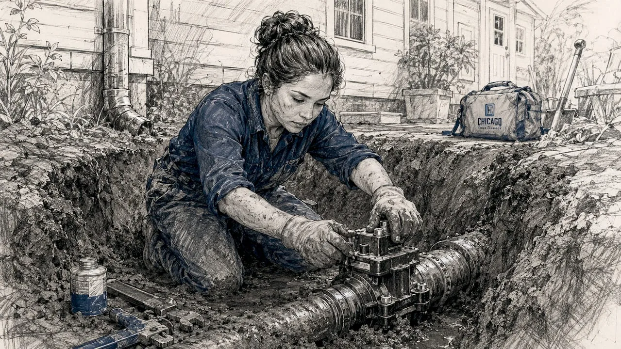 Plumber installing backwater valve on sewer pipe