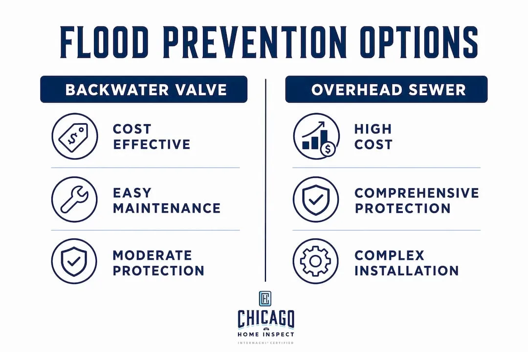 Infographic comparing overhead sewers and backwater valves
