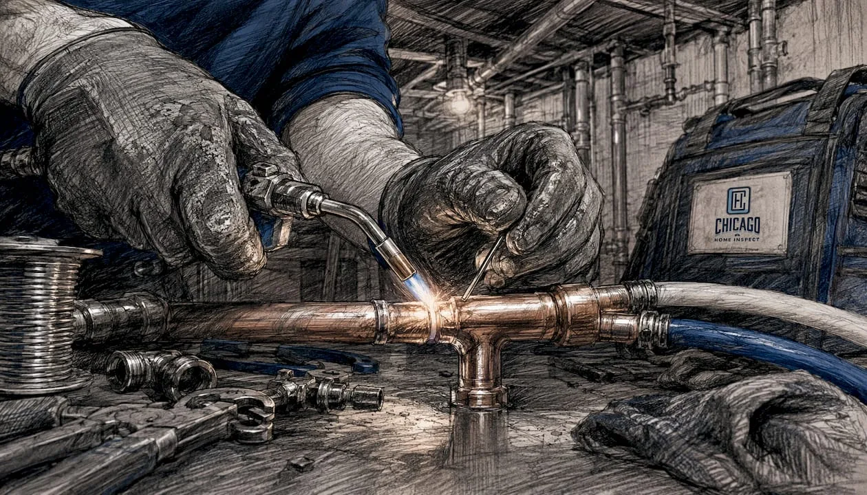 Close-up of hands soldering copper pipe joint