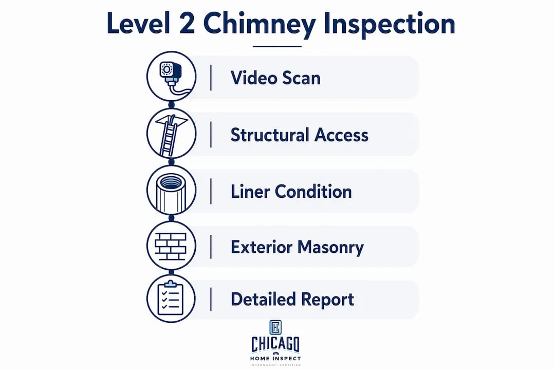 Infographic illustrating five steps of Level 2 chimney inspection