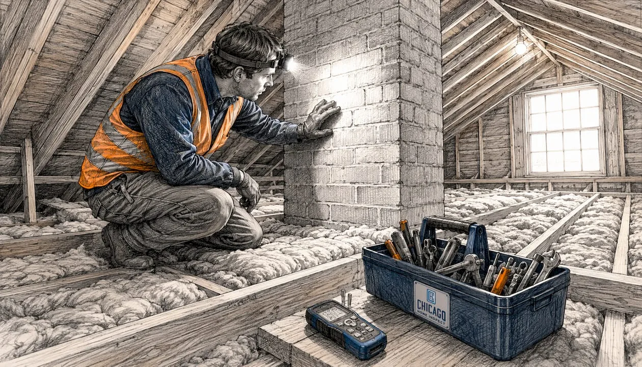 Inspector examining attic space around chimney structure