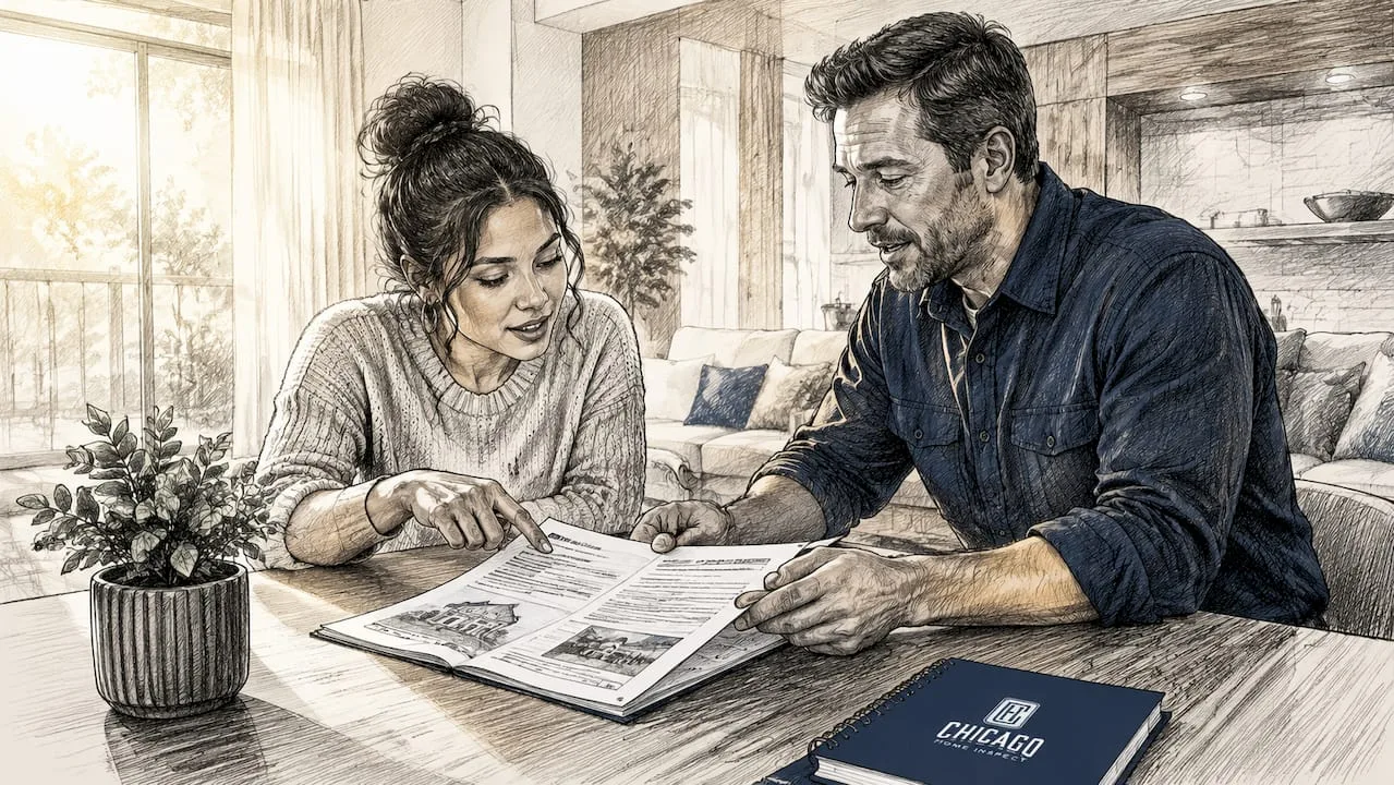 Homebuyer and inspector reviewing report