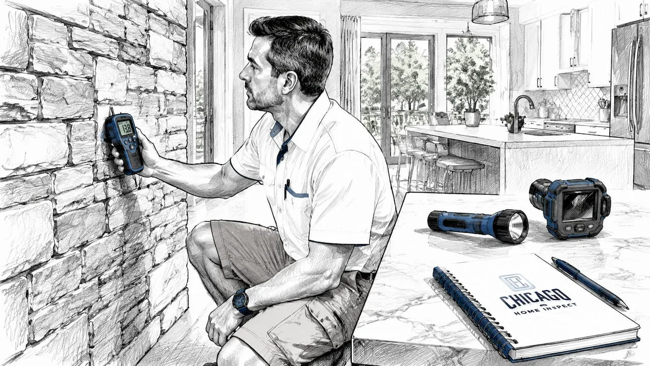 Inspector using moisture meter on wooden wall