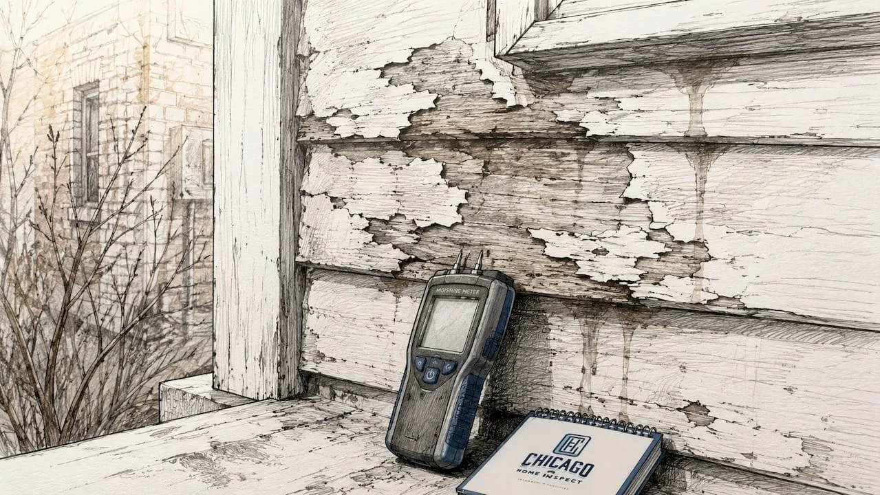 Close-up of peeling paint and moisture meter on siding