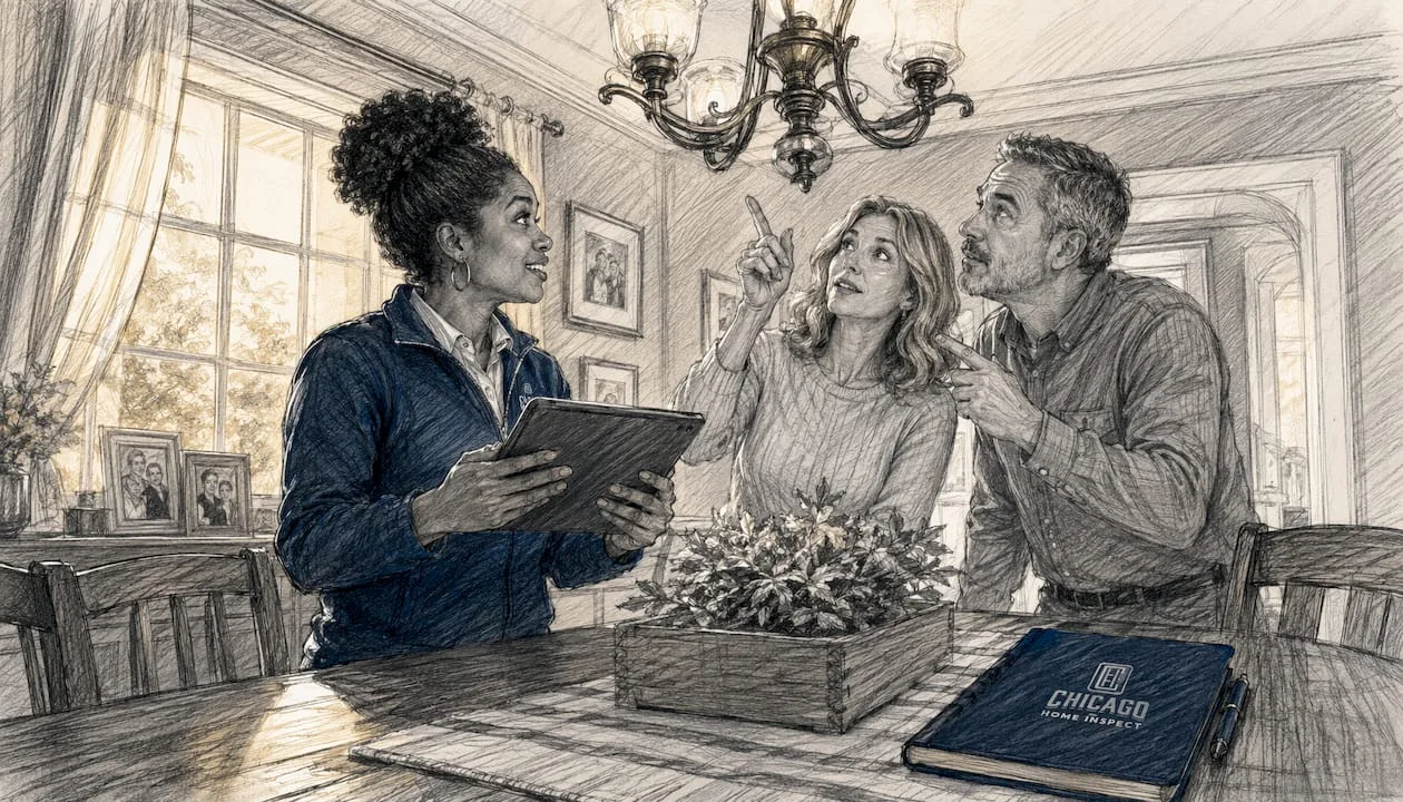 Home inspector discussing findings with buyers in kitchen