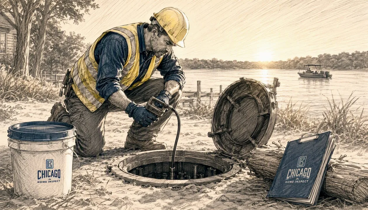 Septic specialist inspecting lakefront home system outdoors