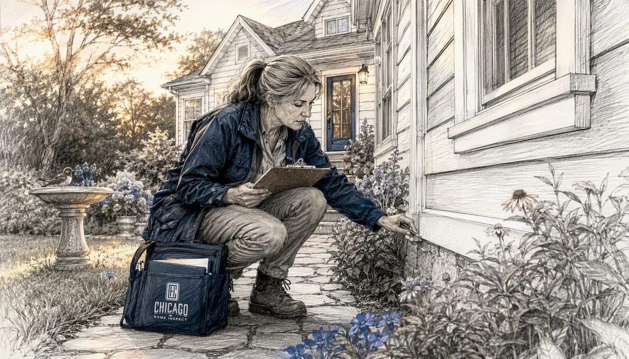 Female inspector checking home's exterior condition