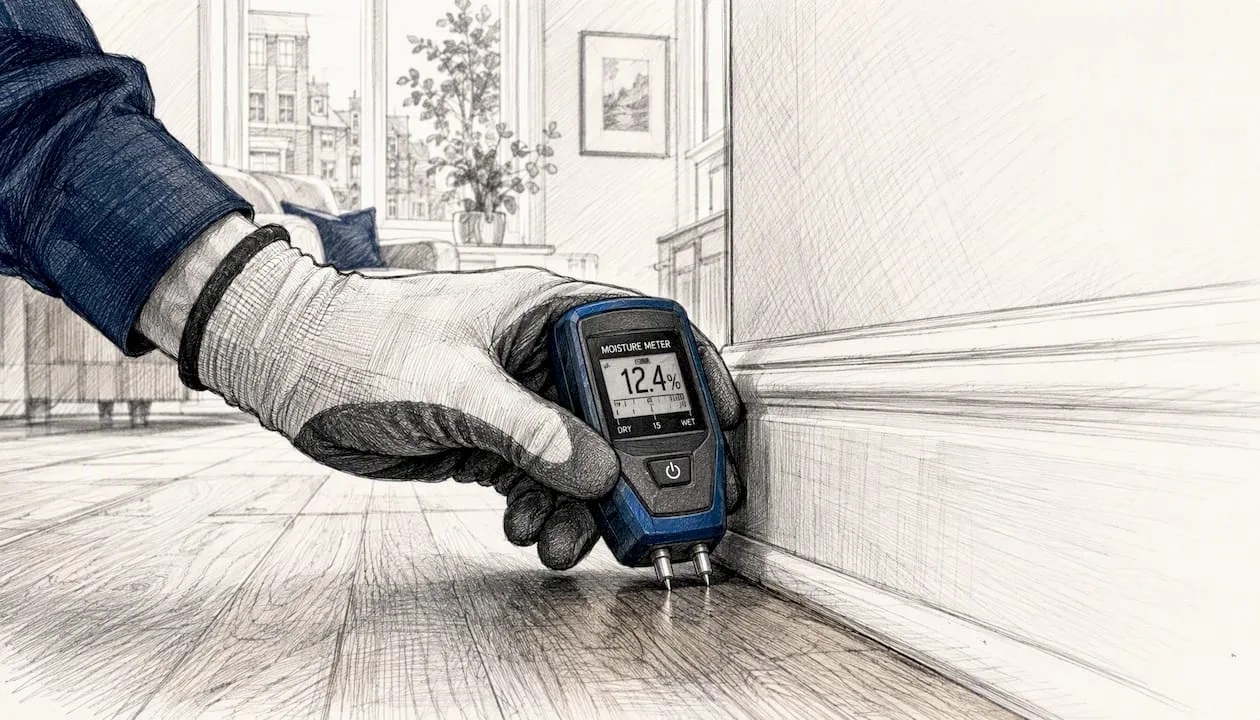 Inspector using moisture meter on floor