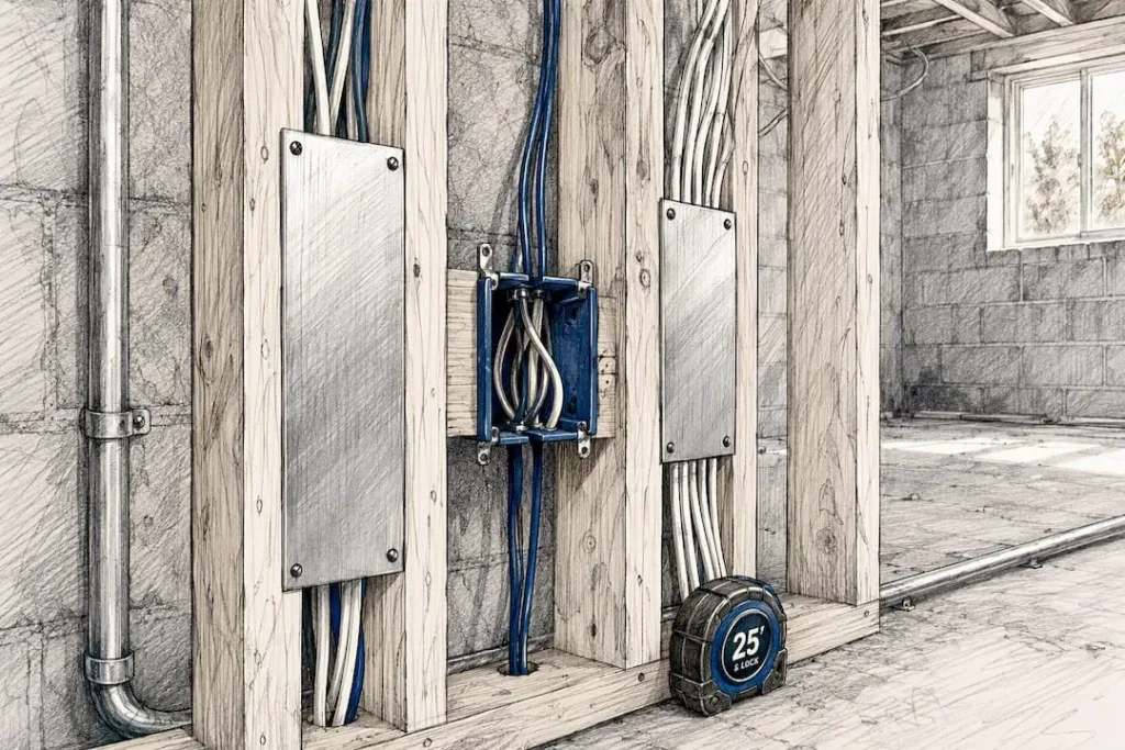 1787031557163 Electrical wiring with protective nail plates in framing 1