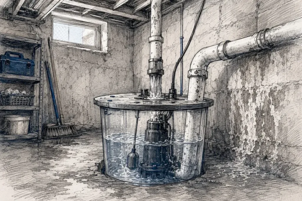 1787278159160 Sump pump cycling in basement with foundation stains 1