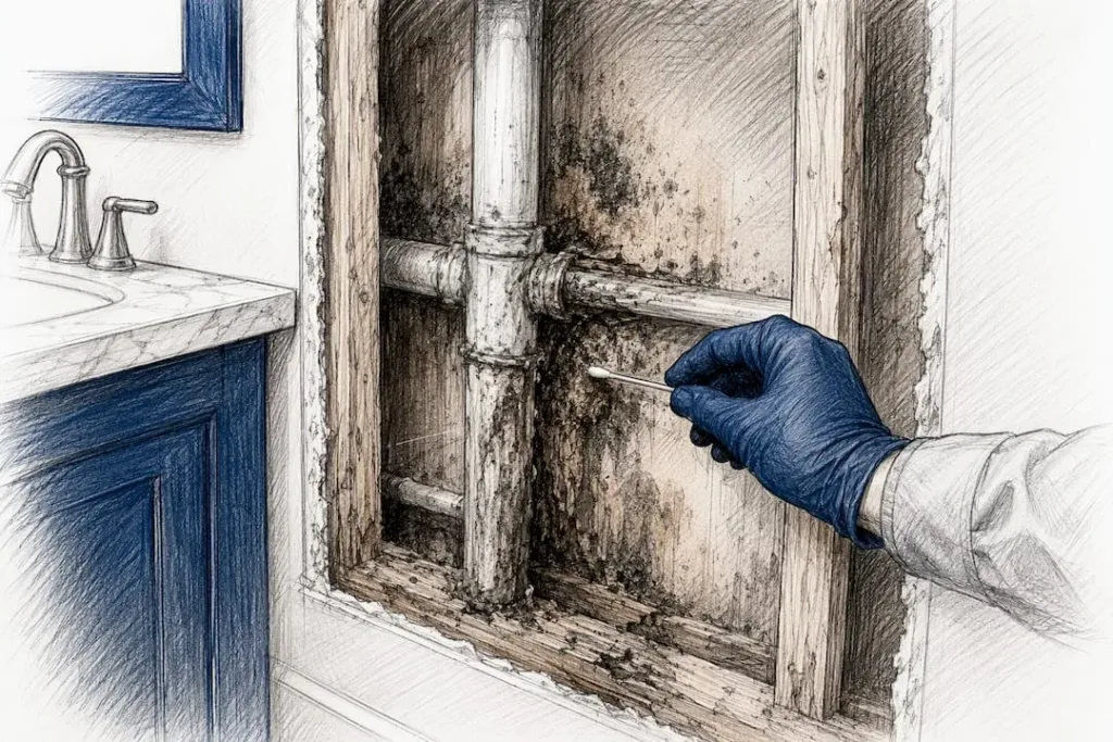 1787449205814 Gloved hand swabbing mold in bathroom wall cavity 1