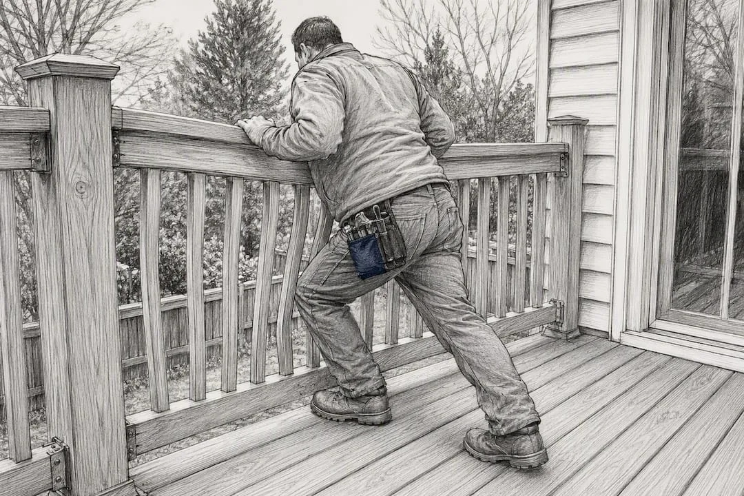Inspector testing porch guard stability