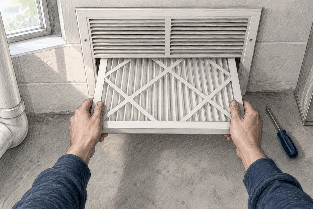 Hands replacing a furnace air filter