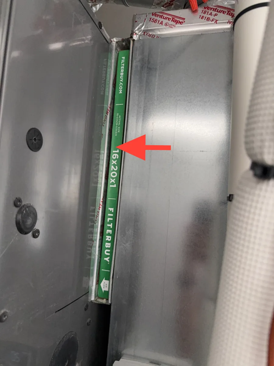 Furnace filter compartment with no cover, filter exposed