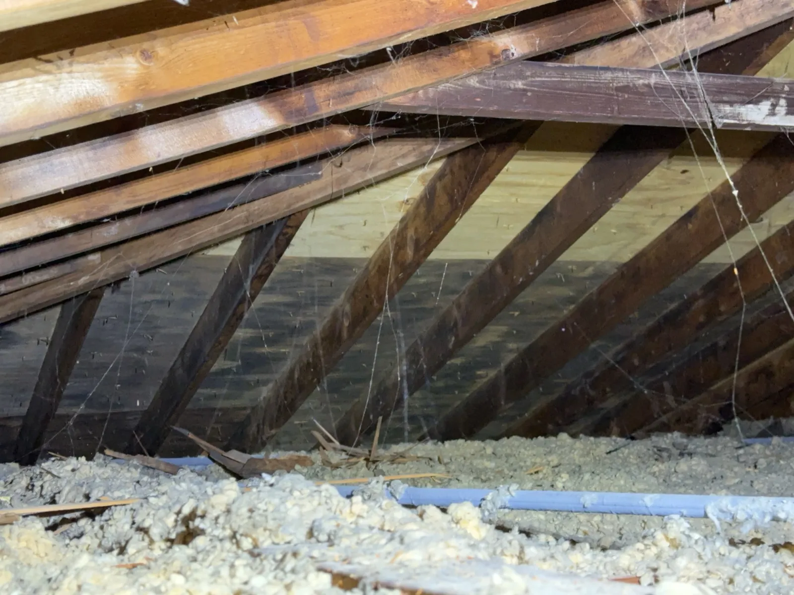 Dark staining on attic roof sheathing and rafters above loose-fill insulation