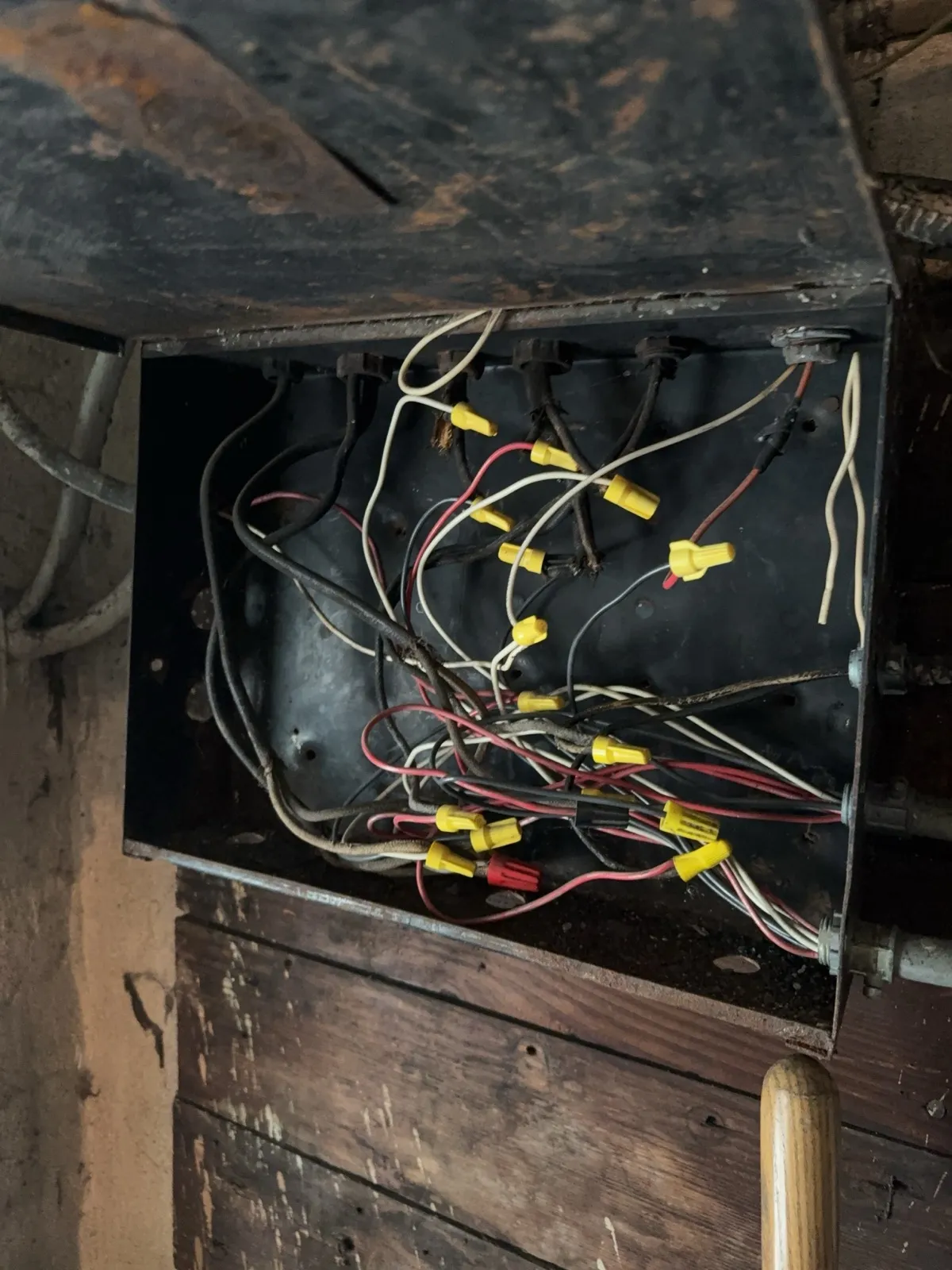 Open metal cabinet in a basement holding dozens of wire-nut splices